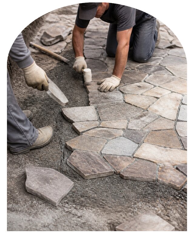 Профессиональная укладка плитняка на участке в Омске
